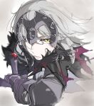  1girl armored_gloves cowter fate/grand_order fate_(series) fur_collar fur_trim head_tilt headpiece highres hilt jeanne_d&#039;arc_alter_(avenger)_(fate) jeanne_d&#039;arc_alter_(fate) looking_at_viewer pale_skin parted_lips ri_o_ne_su serious simple_background solo tsurime white_background yellow_eyes 