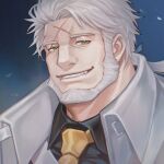  1boy bara beard black_shirt blue_background coat collared_shirt cross_scar facial_hair fangs gradient_background green_eyes ina_zuma kresnik_(housamo) looking_at_viewer male_focus mature_male necktie portrait scar scar_across_eye scar_on_face scar_on_forehead shirt short_hair smile solo tokyo_afterschool_summoners white_coat 