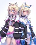  2girls animal_ear_fluff animal_ears ao_ne belt belt_collar black_belt black_collar black_jacket blonde_hair blue_eyes blue_hair collar cropped_jacket cropped_shirt dog_ears dog_girl dog_tail dress fake_claws frilled_shorts frills fur-trimmed_jacket fur_trim fuwawa_abyssgard hair_ornament hairpin headphones headphones_around_neck highres hololive hololive_english jacket long_hair looking_at_viewer medium_hair mococo_abyssgard multicolored_hair multiple_girls pink_belt pink_eyes pink_hair shirt short_shorts shorts siblings single_fishnet_legwear sisters smile spiked_collar spikes streaked_hair tail twins virtual_youtuber white_dress white_shirt white_shorts x_hair_ornament 