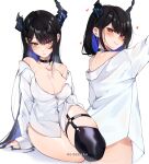  1girl absurdres asymmetrical_horns bare_shoulders black_choker black_hair black_thighhighs blue_nails blush bottomless breasts choker cleavage collarbone collared_shirt colored_inner_hair demon_horns dress_shirt from_behind full_body heavy_breathing highres hololive hololive_english horns keisea large_breasts long_hair looking_at_viewer looking_back mole mole_under_eye multicolored_hair multiple_views nail_polish naked_shirt nerissa_ravencroft no_bra no_panties open_clothes open_shirt red_eyes shirt simple_background single_thighhigh sitting sleeves_past_wrists slit_pupils solo thick_thighs thigh_strap thighhighs thighs very_long_hair virtual_youtuber wariza white_background white_shirt 