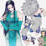 2boys alternate_costume animal_ears black_hair black_shorts brothers cat_ears cat_tail chinese_clothes green_jacket green_pants hair_between_eyes hands_on_another&#039;s_shoulders highres hunter_x_hunter illumi_zoldyck jacket killua_zoldyck layered_sleeves long_hair long_sleeves looking_at_viewer m_m_pb male_child male_focus multiple_boys pants sash shirt short_hair short_over_long_sleeves short_sleeves shorts siblings signature simple_background speech_bubble tail white_hair white_shirt 