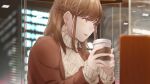  1girl absurdres blurry blurry_background blurry_foreground blush braid brown_eyes brown_jacket check_commentary commentary_request cup disposable_cup earrings fukaminagisa highres holding holding_cup indoors jacket jewelry long_sleeves open_mouth original solo sweater tearing_up tongue tongue_out upper_body 