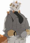  2023 anthro arknights canid canine canis clothed clothing domestic_dog fully_clothed fur hachi_duchi hair hi_res horn hung_(arknights) hypergryph jacket long_hair looking_away male mammal muscular muscular_anthro muscular_male solo studio_montagne tan_body tan_fur topwear white_body white_fur white_hair 