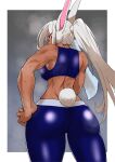  1girl absurdres animal_ears ass back bare_arms bare_shoulders blue_pants boku_no_hero_academia border breasts child_flame dark-skinned_female dark_skin from_behind hand_on_own_hip highres holding holding_towel large_breasts long_eyelashes long_hair looking_at_viewer median_furrow mirko pants ponytail rabbit_ears rabbit_girl rabbit_tail red_eyes solo steaming_body sweat tail tail_through_clothes toned towel white_border white_hair yoga_pants 