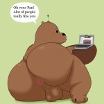  2023 absurd_res anthro anus backsack ball_squish balls bear big_balls big_butt brown_bear bubble_butt butt butt_squish cartoon_network colossalstars computer dialogue dot_eyes english_text exclamation_point eyebrows feet genitals green_background grizzly_(wbb) grizzly_bear hi_res huge_butt huge_thighs laptop lying male mammal nude on_side overweight overweight_anthro overweight_male pawpads perineum rear_view screen shadow simple_background soles solo squish text thick_thighs ursine we_bare_bears 