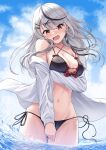  1girl absurdres arm_under_breasts bikini black_bikini black_hair blue_sky blush breasts cleavage cloud double_bikini ear_piercing grey_hair hair_ornament hairpin halterneck highres hololive large_breasts long_hair looking_at_viewer multicolored_hair navel piercing red_bikini red_eyes sakamata_chloe side-tie_bikini_bottom sky solo streaked_hair swimsuit virtual_youtuber wading water x_hair_ornament yoppy_paint 