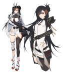  2girls ammunition_pouch armor assault_rifle asymmetrical_legwear bag black_hair boots breasts china_dress chinese_clothes choker cleavage cloak dress dual_persona earpiece girls&#039;_frontline girls&#039;_frontline_2:_exilium gloves gun hair_ornament highres holding holding_gun holding_weapon knee_pads long_hair multiple_girls orange_eyes pauldrons pouch qbz-191 qbz-191_(girls&#039;_frontline) rifle safety_glasses scope shinyuxo shoulder_armor single_pauldron weapon white_background white_cloak 