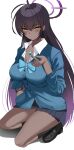  1girl absurdres black_hair black_skirt blue_archive blue_sweater blush breasts candy collared_shirt dark-skinned_female dark_skin dress_shirt food halo highres karin_(blue_archive) kneehighs large_breasts loafers lollipop long_hair long_sleeves looking_at_viewer maou_(maoudaisukiya) pleated_skirt shirt shoes skirt socks solo squatting sweater thighs very_long_hair white_shirt yellow_eyes 