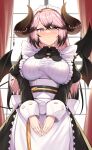  1girl absurdres apron black_dress blush bow breasts buttons cowboy_shot curtains demon_girl demon_horns demon_tail demon_wings dress frilled_apron frills hands_on_lap highres horns large_breasts long_sleeves looking_at_viewer maid maid_apron maid_headdress pink_hair puffy_sleeves room_service_demon shadowverse solo tail waist_apron waist_bow white_apron window wings wrist_cuffs yamato_(muchuu_paradigm) 