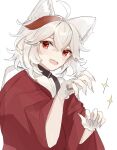  1boy ahoge animal_ears bishounen choker fingerless_gloves genshin_impact gloves halloween_costume highres kaedehara_kazuha male_focus momiji_arata111 multicolored_hair red_eyes short_hair simple_background solo sparkle streaked_hair white_background white_gloves white_hair wolf_boy wolf_ears 