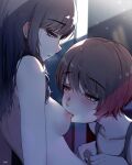  2girls blue_eyes blush breast_sucking breasts brown_hair clothed_female_nude_female dressing_room fingering keruto_ishi long_hair mole mole_under_eye multiple_girls nude open_mouth original short_hair tomboy yuri 