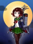  1girl adapted_turret black_pantyhose blue_jacket brown_eyes brown_hair cannon commentary_request crescent crescent_pin flower full_moon gradient_hair green_sailor_collar green_skirt highres hood hooded_jacket jacket kantai_collection kinoshita_tsubomi looking_at_viewer machinery moon multicolored_hair mutsuki_(kancolle) mutsuki_kai_ni_(kancolle) night night_sky pantyhose pleated_skirt red_flower red_hair sailor_collar school_uniform serafuku shirt short_hair skirt sky smile solo standing turret white_shirt 