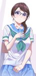  blue_sailor_collar blue_skirt blush braid braided_ponytail brown_hair chair glasses green_neckerchief hair_ornament hairclip hibike!_euphonium highres kitauji_high_school_uniform kohinata_yume kuziaaizuk neckerchief on_chair pleated_skirt purple_eyes sailor_collar school_uniform serafuku shirt sitting skirt summer_uniform white_shirt 