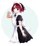  1girl absurdres alternate_costume apron arima_kana arm_at_side black_dress cropped_legs dress enmaided from_side grey_background hand_up highres m.tokotsu maid maid_apron maid_headdress oshi_no_ko puffy_short_sleeves puffy_sleeves red_eyes red_hair short_hair short_sleeves smile white_apron white_background wrist_cuffs 