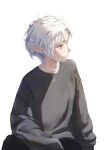  1girl absurdres alternate_costume black_sweater elf highres mushoku_tensei pointy_ears red_eyes short_hair simple_background solo sweater sylphiette_(mushoku_tensei) utt_haru white_background white_hair 