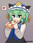  1girl absurdres blue_eyes blue_headwear blue_vest commentary commission eating english_commentary ferdy&#039;s_lab food frilled_hat frills green_hair grey_background hat heart highres holding holding_food holding_pizza long_sleeves pizza pizza_slice shiki_eiki short_hair simple_background solo spoken_heart touhou twitter_username v-shaped_eyebrows vest 