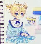  1girl :t absurdres animification anny_(yoai) art_tools_in_frame artist_name bags_under_eyes blanket blanket_grab blonde_hair blue_dress blue_eyes blue_nails blue_nightgown blush bow bubbles_(ppg) closed_mouth colored_pencil colored_pencil_(medium) cross-laced_clothes derivative_work dress frown hair_between_eyes half-closed_eyes highres instagram_username long_sleeves looking_away marker marker_(medium) messy_hair nightgown on_bed pen_(medium) pencil photo_(medium) pillow pout powerpuff_girls puffy_sleeves reference_inset screencap_redraw sitting sleepwear sleepy traditional_media twintails upper_body white_background white_bow 