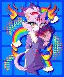  2023 anthro biped blaze_the_cat clothed clothing domestic_cat dress eyelashes felid feline felis female front_view fur hair hand_fan hi_res looking_at_viewer mammal pattern_background ponytail portrait purple_body purple_fur purple_tail rainbow sega signature simple_background solo sonic_the_hedgehog_(series) star stella_smega3 tail the_murder_of_sonic_the_hedgehog three-quarter_portrait yellow_eyes 