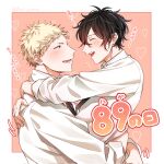  2boys arms_around_neck arms_around_waist black_hair blonde_hair blush collared_shirt given heart heart_background highres hug kaji_akihiko long_sleeves male_focus motion_lines multiple_boys murata_ugetsu necktie open_mouth orange_background outline pinoli_(pinoli66) shirt short_hair smile teeth translation_request twitter_username upper_body white_outline white_shirt yaoi 