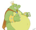  2023 anthro belly big_belly canson cape claws clothing crocodilian crown donkey_kong_(series) fangs green_body green_skin headgear hi_res jewelry king_k._rool kremling male navel nintendo outie_navel overweight overweight_male reptile scalie sharp_teeth signature simple_background smile solo teeth white_background yellow_body yellow_skin 