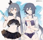  2girls @_(symbol) alternate_costume artist_name bare_shoulders belly bikini black_headwear blue_eyes choker closed_mouth collarbone cup dual_persona earrings food fu_hua fu_hua_(herrscher_of_sentience) grey_hair hair_between_eyes hand_on_own_hip haruka_(rsyaooooo) highres holding holding_cup honkai_(series) honkai_impact_3rd jewelry long_hair long_sleeves looking_at_viewer multicolored_hair multiple_girls navel open_clothes open_shirt popsicle red_eyes simple_background streaked_hair swimsuit tongue tongue_out upper_body 