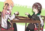 2girls alternate_costume alternate_hairstyle backgammon bare_shoulders black_footwear black_ribbon black_shirt black_skirt black_thighhighs blunt_bangs blush bob_cut boots breasts brown_hair chair closed_eyes closed_mouth commentary_request dated dice flower gochuumon_wa_usagi_desu_ka? green_background green_hair hair_flower hair_ornament hair_ribbon hairband hand_on_own_chin happy_birthday holding hoto_cocoa jacket knee_boots long_hair long_sleeves looking_at_another medium_breasts mohei motion_lines multicolored_hair multiple_girls open_mouth orange_hair pink_hair pleated_skirt polka_dot polka_dot_background purple_eyes ribbon shirt short_hair sidelocks simple_background single_stripe sitting skirt smile streaked_hair table thighhighs two-tone_background two-tone_hair ujimatsu_chiya white_background white_flower white_hairband white_jacket zettai_ryouiki 