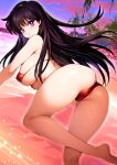  1girl artist_name ass bare_shoulders barefoot beach bikini bishoujo_senshi_sailor_moon black_hair breasts commentary_request covered_nipples from_behind gradient_sky highres hino_rei large_breasts leg_up long_hair looking_at_viewer looking_back oyaman palm_tree parted_lips purple_eyes red_bikini shiny_skin signature simple_background sky solo sunset swimsuit thighs tree water 