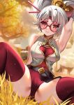  1girl arm_up armpits bare_shoulders breasts commentary covered_navel glasses grass hair_ornament hair_stick highres large_breasts purah red-framed_eyewear red_eyes red_thighhighs sitting sleeveless solo spread_legs squchan the_legend_of_zelda the_legend_of_zelda:_tears_of_the_kingdom thighhighs thighs tree white_hair 