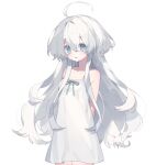  1girl arms_behind_back asphyxia17 bare_shoulders blue_eyes collarbone dress hair_between_eyes highres long_hair looking_at_viewer open_mouth original ribbon simple_background sleeveless solo white_background white_dress white_hair 