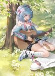  1girl :d acoustic_guitar against_tree animal_ear_headwear animal_ears bekki_(vtuber) black_footwear blue_eyes blue_hair blue_jacket bob_cut book clothing_cutout daisy flower full_body fur_skirt fur_socks garter_straps grass grey_choker gui_mi guitar hair_ornament heart heart_hair_ornament highres holding holding_instrument hood hood_down hooded_jacket instrument jacket leaf music official_art open_book playing_instrument rabbit rabbit_ears rabbit_ornament shirt shoes short_hair shoulder_cutout singing sitting sixiwanzi smile sneakers socks solo tree two_side_up virtual_youtuber wariza white_flower white_headwear white_shirt white_socks 