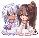  2girls absurdres alternate_costume breasts brown_eyes brown_hair cherry_blossoms chibi crossed_bangs dark-skinned_female dark_skin dress elbow_gloves flower gloves grey-framed_eyewear grey_hair hair_between_eyes hair_flower hair_intakes hair_ornament highres kantai_collection large_breasts long_hair mashiro_yukiya multiple_girls musashi_(kancolle) musashi_kai_ni_(kancolle) ponytail rectangular_eyewear semi-rimless_eyewear sidelocks sleeveless sleeveless_dress strapless strapless_dress twintails very_long_hair white_dress white_gloves yamato_(kancolle) 