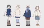  4girls =_= alternate_costume alternate_hairstyle animal_ear_headwear animal_hood aoba_kokona black_eyes black_hair black_socks blue_coat blue_jacket blue_skirt blue_socks blush boots braid braided_bangs brown_eyes brown_footwear brown_hair brown_leg_warmers brown_shorts closed_mouth coat commentary covered_mouth denim denim_skirt earflap_beanie facing_viewer fashion grey_background grey_hair grey_leg_warmers grey_shorts grey_skirt hair_bun hair_ornament hairclip hansei_(oisiikonnyaku) high_collar highres hood hood_down hood_up hoodie jacket kneehighs kuraue_hinata kurosaki_honoka leg_warmers letterman_jacket lineup long_hair long_sleeves looking_at_viewer loose_socks multiple_girls open_mouth over-kneehighs parka parted_bangs platform_footwear pleated_skirt shoes short_hair short_shorts short_twintails shorts sidelocks simple_background single_side_bun skirt smile socks standing striped_leg_warmers thighhighs twintails wavy_hair white_footwear white_hoodie white_jacket white_sleeves white_socks winter_clothes winter_coat yama_no_susume yukimura_aoi 