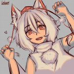  1girl absurdres animal_ears arms_up bare_shoulders detached_sleeves gao hands_up hat highres inubashiri_momiji lazhuwart red_eyes shirt simple_background sketch smile solo touhou white_hair white_shirt wolf_ears 