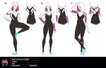  1girl alternate_color aqua_footwear black_bodysuit bodysuit concept_art full_body gwen_stacy highres hood hooded_bodysuit kris_anka looking_at_viewer marvel official_art print_bodysuit reference_sheet simple_background skin_tight spider-gwen spider-man:_across_the_spider-verse spider-man_(series) spider_web_print standing superhero two-tone_bodysuit white_bodysuit 