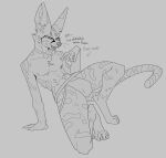  2023 anthro bedroom_eyes bulge chest_tuft clothed clothing crouching dialogue english_text felid feline hi_res jockstrap jockstrap_only leaning leaning_back male mammal multi_nipple narrowed_eyes nipples open_mouth open_smile seductive serval servali_sketch sketch smile smug solo spread_legs spreading text topless tuft underwear underwear_only 