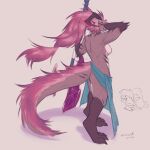  1:1 2023 anthro breasts butt clothed clothing digital_media_(artwork) digitigrade dragon duo featureless_breasts female hair hi_res holding_melee_weapon horn kerime_(trololohstuffs) looking_at_viewer looking_back looking_back_at_viewer muscular muscular_female pink_hair red_eyes sai_(trololohstuffs) simple_background smile solo_focus standing topless trololohstuffs 