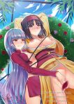  2girls arms_behind_head artist_name black_hair blue_sky blush brown_eyes censored erika_(pokemon) flower grabbing grabbing_another&#039;s_breast headband japanese_clothes kimono long_hair multiple_girls nipples open_clothes open_kimono outdoors patreon_username pink_flower plant pokemon pokemon_(game) pokemon_frlg purple_hair red_eyes red_flower sabrina_(pokemon) short_hair signature sky tree twitter_username vekneim watermark web_address yuri 