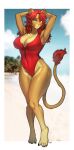  absurd_res anthro beach breasts chubby_lioness_(pgm300) claws cleavage clothed clothing day felid female fur hair hands_behind_head hi_res lion mammal one-piece_swimsuit outside palm_tree pantherine partially_clothed pgm300 pink_nose plant red_hair sasha_(cold_stone) sea seaside sky solo standing swimwear tail tail_tuft tan_body tan_fur tree tuft water yellow_eyes 