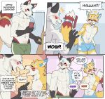  4_panel_comic abs absurd_res anthro blush bottomwear bulge canid canine cellphone clothing dialogue digital_drawing_(artwork) digital_media_(artwork) duo english_text eyes_closed flustered fox fur gesture hi_res kurarifox male male/male mammal multicolored_body multicolored_fur muscular muscular_anthro muscular_male navel open_mouth phone pointing pointing_at_another screaming shorts size_difference speech_bubble standing text thought_bubble 