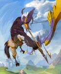  anthro arrow_(disambiguation) athletic athletic_anthro athletic_male avian beak blue_body blue_feathers bow_(weapon) breath_of_the_wild feathers hi_res male nintendo plaguedaemonart ranged_weapon revali rito shirtless solo talons the_legend_of_zelda weapon 