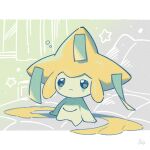  arm_support bubble closed_mouth commentary_request frown full_body highres jirachi no_humans omyo_(myomyomyo22) pokemon pokemon_(creature) signature sitting solo star_(symbol) 
