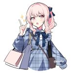  1other :o akiyama_mizuki androgynous bag blush dress hair_ribbon immiscible_discord_(project_sekai) looking_afar pink_eyes pink_hair pointing pointing_up project_sekai ribbon shopping_bag side_ponytail sidelocks simple_background sparkle twitter_username upper_body waka_(wk4444) white_background 