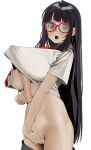  1girl black_hair breasts clothes_lift cowboy_shot dildo female_masturbation glasses grey_eyes highres holding holding_sex_toy large_breasts long_hair looking_at_viewer lower_teeth_only maeshima_ryou masturbation open_mouth original red-framed_eyewear sex_toy shirt shirt_lift short_sleeves simple_background solo sweat teeth white_background white_shirt 