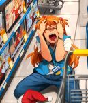  1girl absurdres artist_name ayanami_rei blue_pants blue_vest christmas closed_eyes commentary convenience_store denim english_commentary hands_on_own_head hat highres id_card katsuragi_misato khyle. long_hair neon_genesis_evangelion on_floor open_mouth orange_hair pants patreon_logo patreon_username rei_chikita santa_hat screaming seiza shirt shop shopping_cart short_sleeves sitting souryuu_asuka_langley television toilet_paper vest watch web_address white_shirt wristwatch 