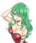  1girl bare_shoulders breasts cleavage collarbone dress green_eyes green_hair hair_over_one_eye highres jewelry large_breasts long_hair looking_at_viewer mashima_hiro necklace official_art rave red_dress reina_(rave) simple_background snake_armband solo strapless strapless_dress upper_body white_background 