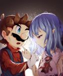  1boy 1girl absurdres ascot blood blood_on_clothes blood_on_face blood_on_hands blue_eyes blue_hair brown_hair closed_mouth commentary english_commentary facial_hair gloves highres index_finger_raised long_sleeves mario mario_(series) mustache no_headwear one_eye_closed pointy_ears red_ascot red_eyes remilia_scarlet ruu_(ruigi12) short_hair sleeveless smile touhou upper_body white_gloves 