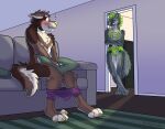  anthro blush bulge canid canine canis caught clothed clothing duo embarrassed furniture harness hi_res male male/male mammal masturbation partially_clothed paws sitting skylardoodles sofa surprise underwear underwear_down wolf 