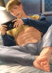  1boy abs bara barefoot black_jacket blonde_hair clothes_lift earrings grey_pants handheld_game_console highres holding holding_handheld_game_console jacket jewelry large_pectorals luca_(mondi_hl) male_focus mondi_hl muscular muscular_male navel nintendo_switch nipples open_clothes open_jacket open_mouth original pants pectorals shirt shirt_lift short_hair solo twitter_username yellow_shirt 