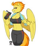  after_exercise bodily_fluids bottle breasts cleavage clothed clothing container equid equine female friendship_is_magic fur hair hasbro mammal multicolored_hair my_little_pony orange_hair pegasus redxbacon smile spitfire_(mlp) sweat towel two_tone_hair water_bottle wings wonderbolts_(mlp) yellow_body yellow_fur 