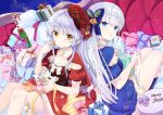  2girls absurdres angel_beats! asami_yuriko back-to-back bell belt beret black_belt blue_bow blue_capelet blue_dress blue_eyes bow box breasts capelet christmas color_connection commentary_request company_connection cookie couch crossover dress eyelashes eyes_visible_through_hair feet_out_of_frame flower food fur-trimmed_capelet fur-trimmed_dress fur-trimmed_sleeves fur_trim gift gift_bag gift_box hair_bell hair_between_eyes hair_bow hair_color_connection hair_ornament hairstyle_connection hand_up hat hat_bell hat_bow heart-shaped_box highres holding holding_gift holding_ribbon key_(company) knees_up light_blush long_hair looking_at_food looking_at_viewer looking_back merry_christmas mistletoe_hair_ornament multiple_girls naruse_shiroha on_couch parted_lips pom_pom_(clothes) puffy_short_sleeves puffy_sleeves purple_flower purple_rose red_bow red_capelet red_dress red_headwear red_ribbon ribbon rose santa_dress short_dress short_sleeves sidelocks sitting small_breasts star-shaped_box star_(symbol) star_hair_ornament straight_hair stuffed_animal stuffed_rabbit stuffed_toy summer_pockets tachibana_kanade teddy_bear thighs very_long_hair white_bow white_flower white_fur white_hair white_ribbon white_rose yellow_eyes yellow_ribbon 